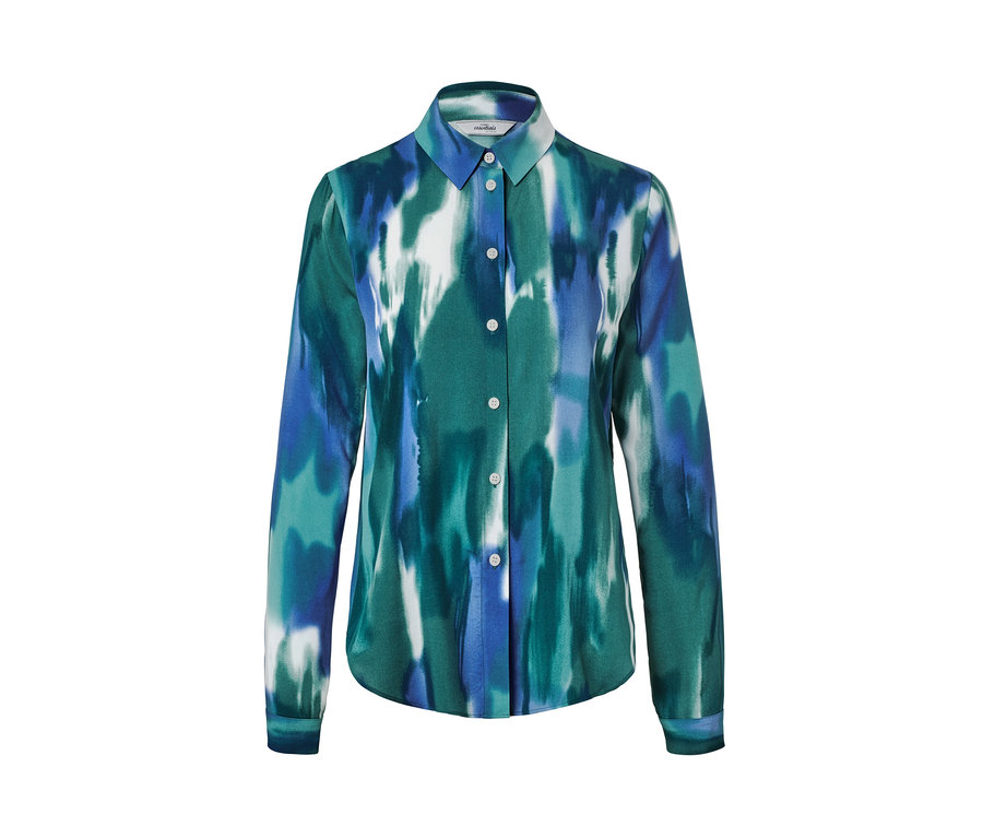 Eine Hemdbluse mit Aquarellprint in Blau, Grün und Weiss.
