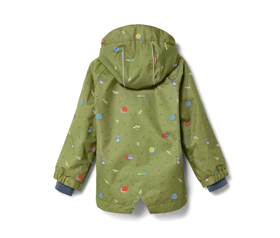 Rückansicht einer grünen Kleinkinder-Regenjacke mit Kapuze und Insektenmuster.