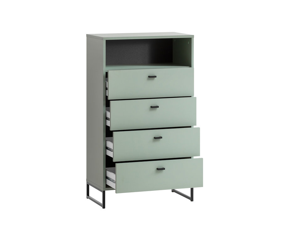 Pistazienfarbenes Highboard »Janne« mit vier Schubladen und einem offenen Fach oben.