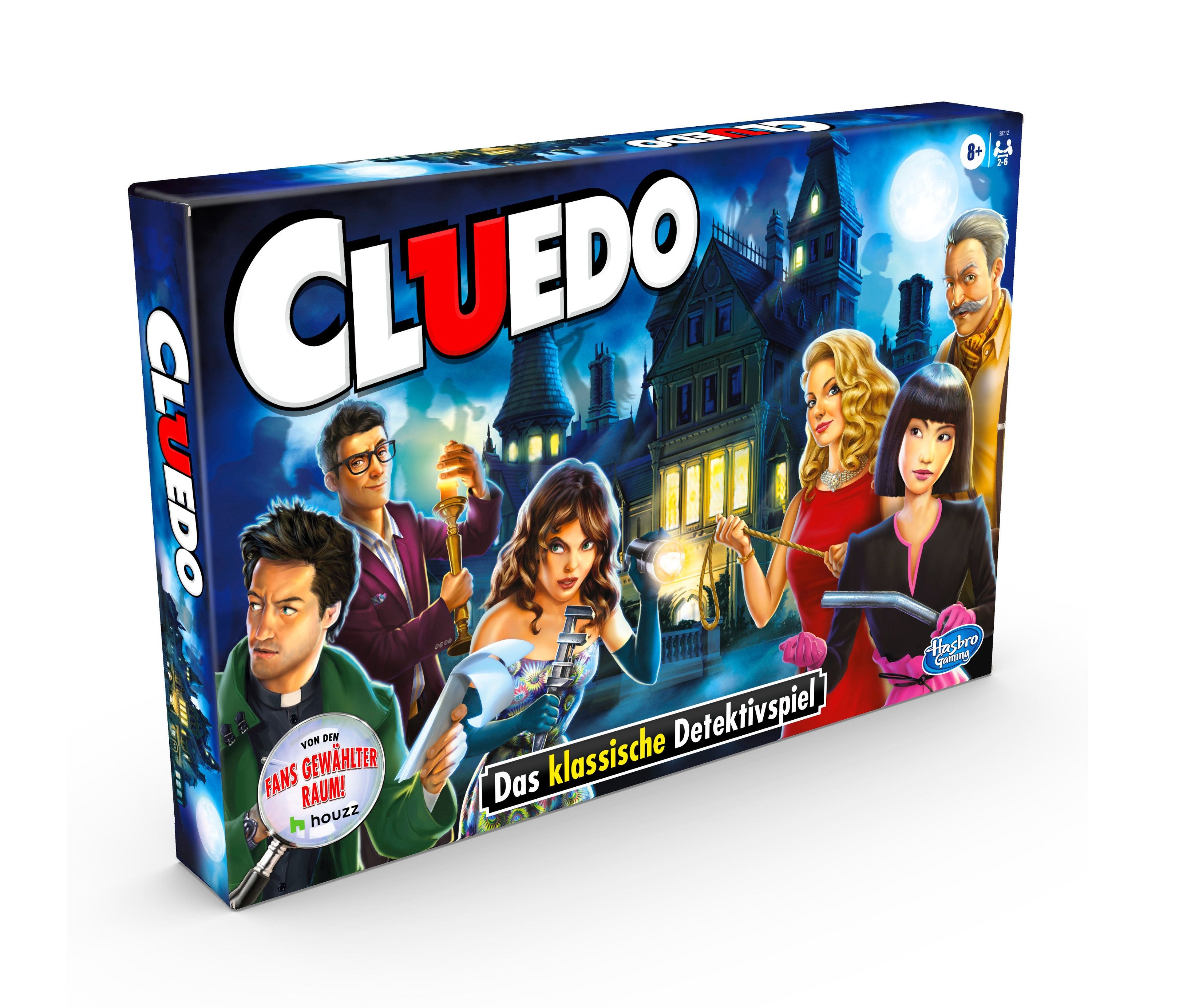 Verpackung des Brettspiels Hasbro »Cluedo« mit Figuren und einem Herrenhaus im Hintergrund.
