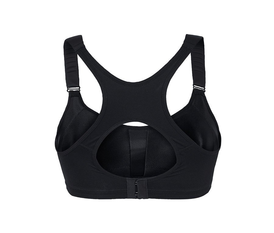 Detailansicht der Rückseite eines schwarzen Sport-BHs.