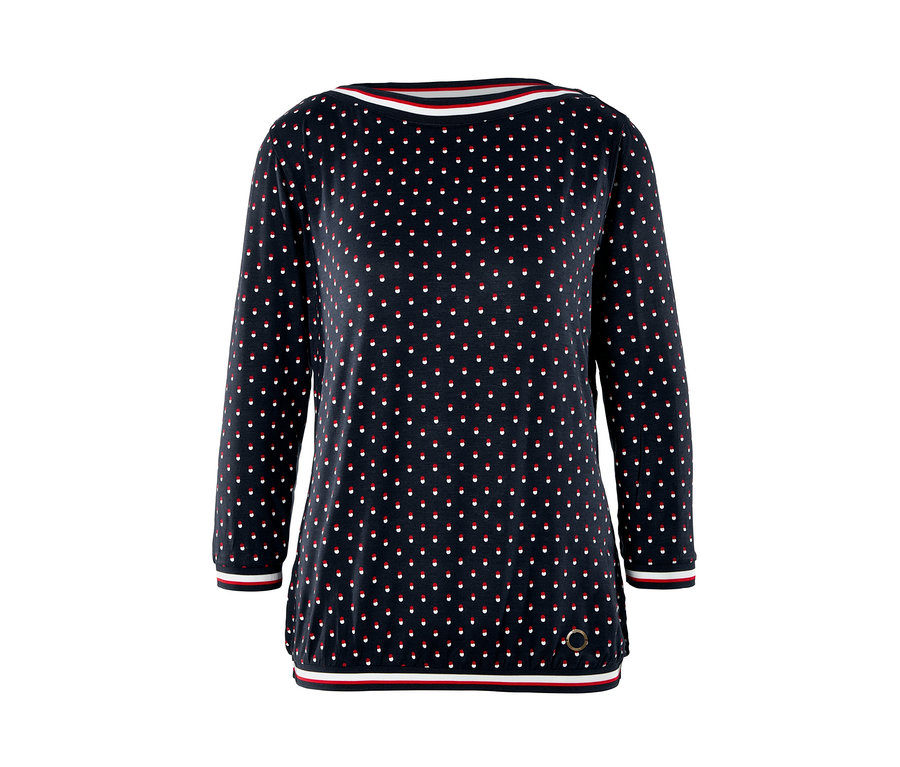Blusenshirt mit 3/4-Arm mit dunkelblauem Grundmuster und roten sowie weißen Punkten.