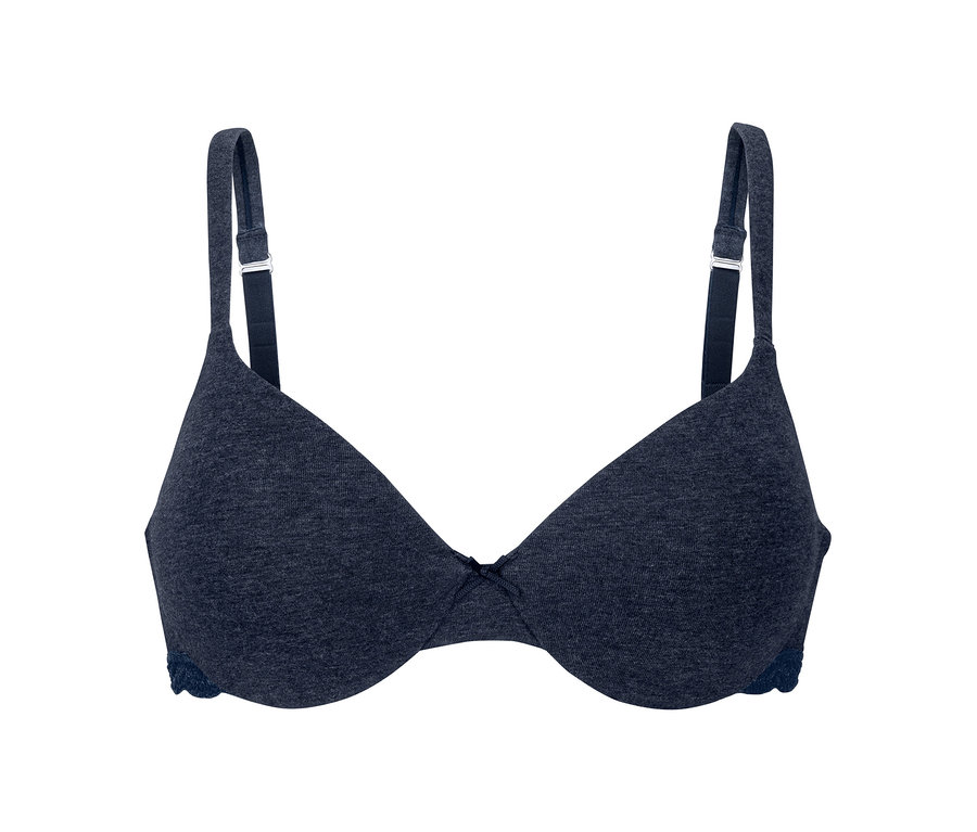 Dunkelblauer T-Shirt-BH mit Spitze und Trägern.
