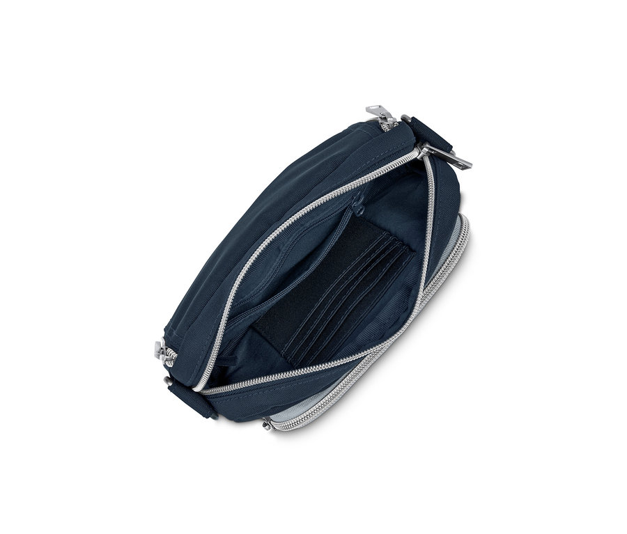 Geöffnete blau-graue Sicherheits-Gürtel- und Umhängetasche mit Innentaschen auf weißem Hintergrund.