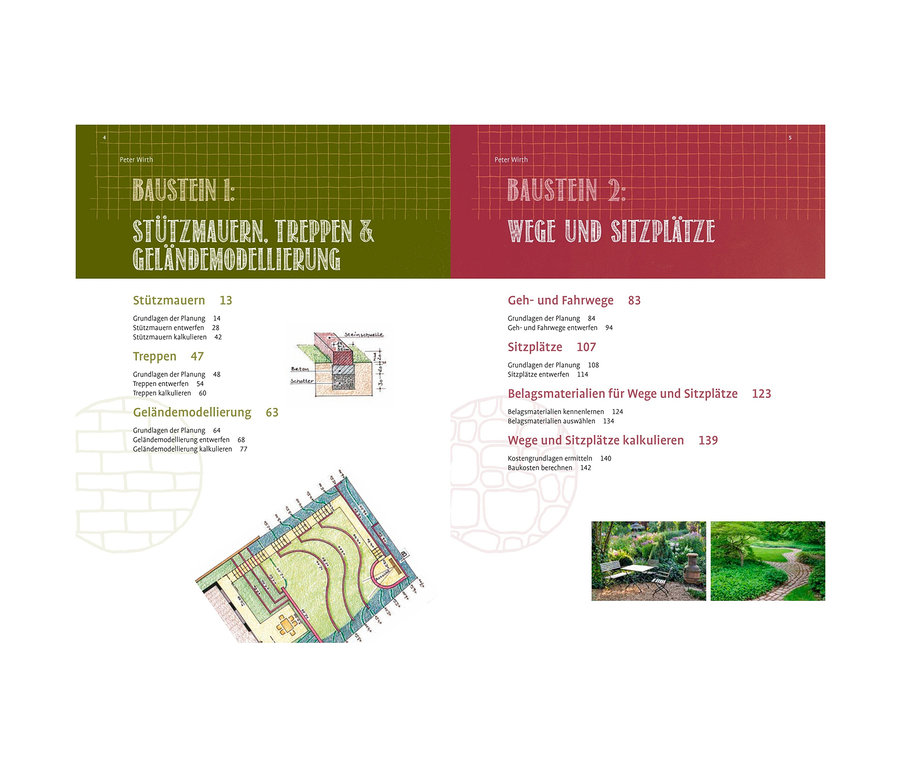 Buchseiten mit Gartenplänen und Schemata. Buch »Der neue grosse Gartenplaner«