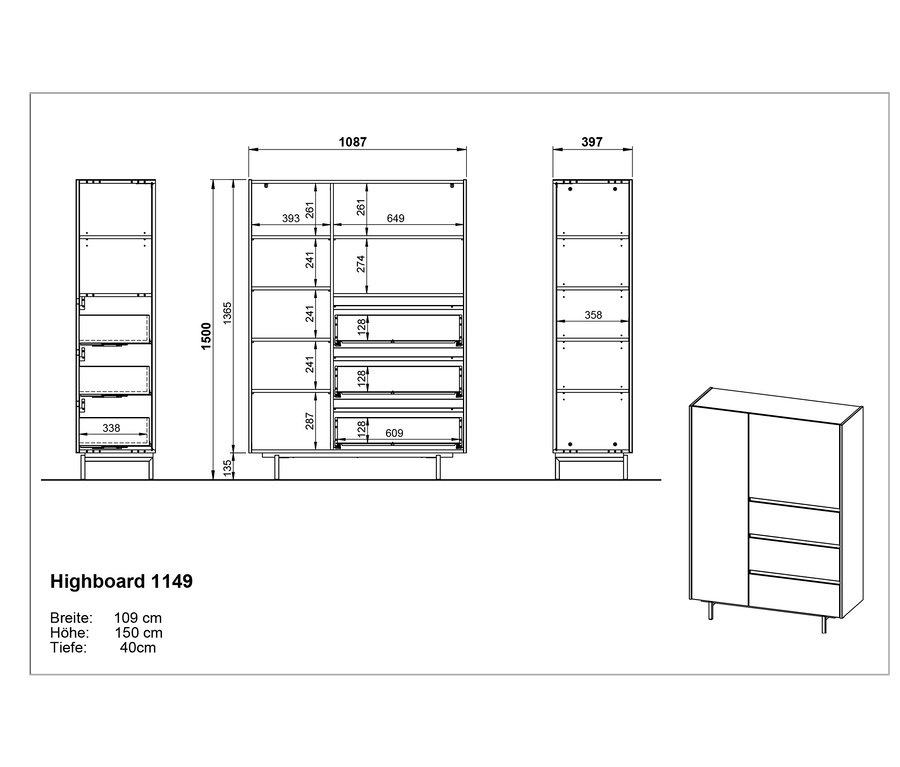 Technische Zeichnung eines Highboards »Cantoria« mit Maßangaben.