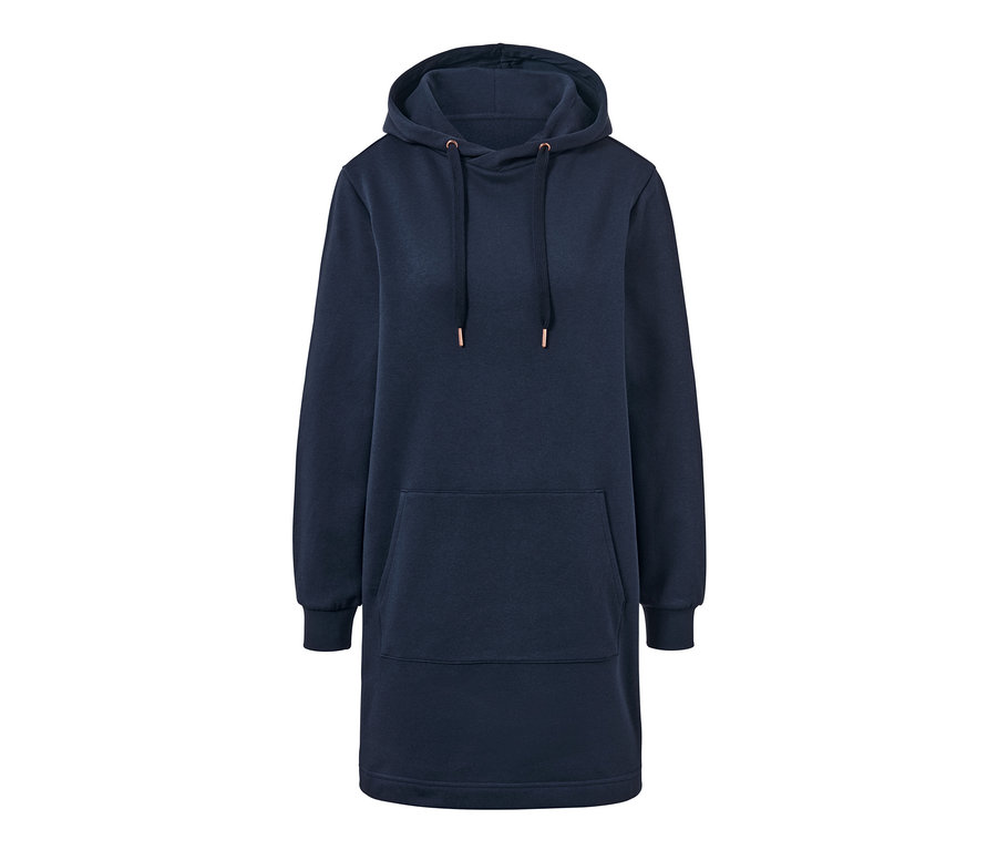 Dunkelblaues Loungewear-Kleid mit Kapuze und Kängurutasche.