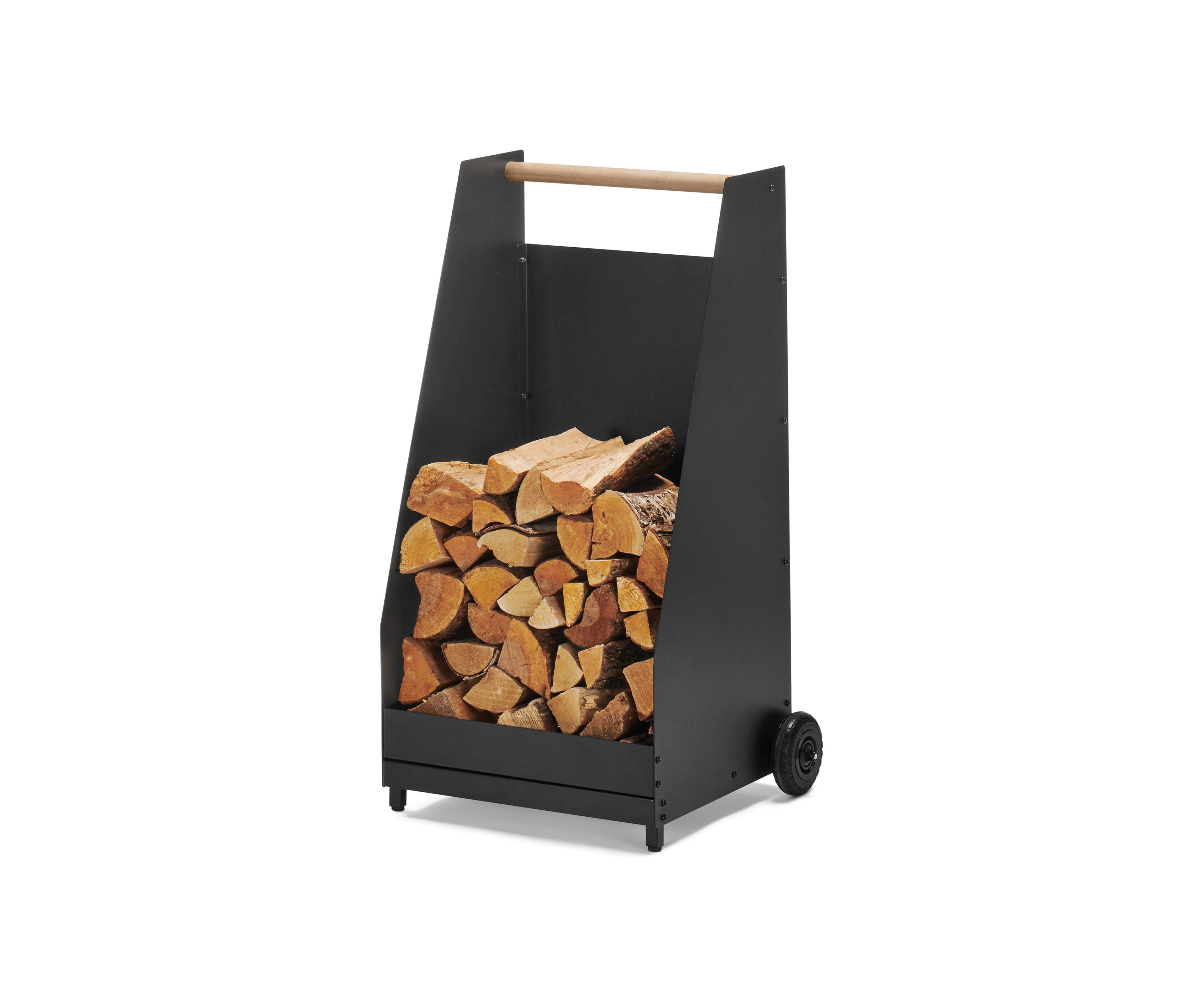 Ein schwarzer Kaminholzwagen gefüllt mit Holz.