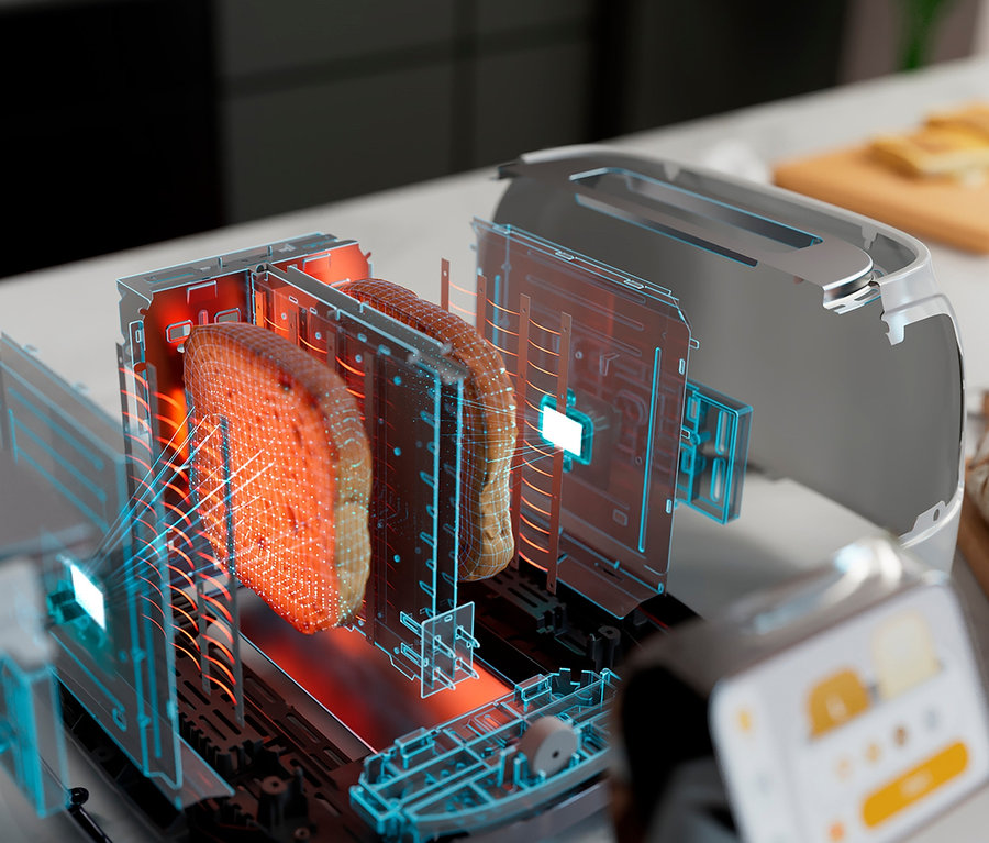 Detailansicht eines Toasters mit zwei Brotscheiben im Inneren und digitalen Elementen. Zu sehen ist der Tineco Toaster »Toasty One«.