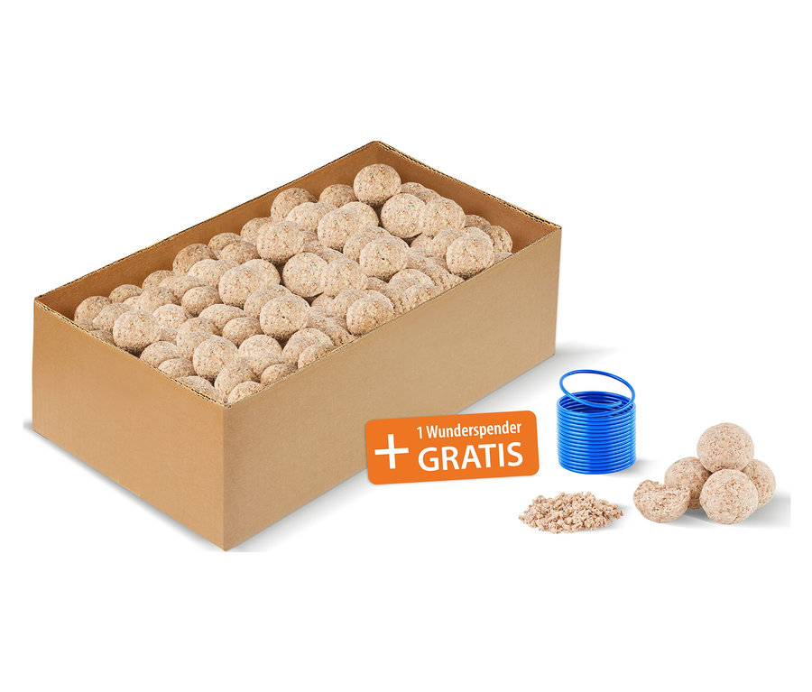 Ein voller Karton Vitamin-Meisenknödel, daneben ein Stapel Knödel und eine blaue Spirale.