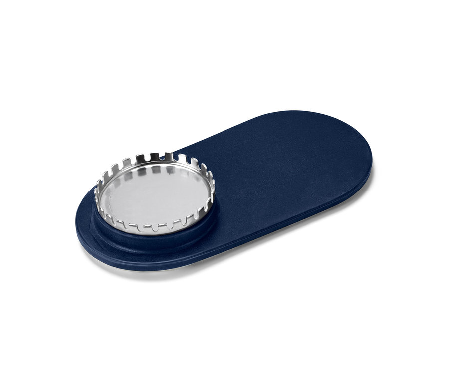 Blauer Seifenhalter mit Magnet.