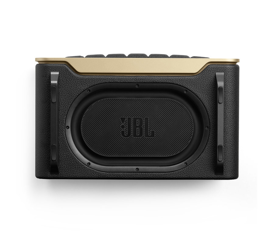 Frontansicht des schwarzen JBL Authentics 200 Smart-Home-Lautsprechers mit goldenem Rand.