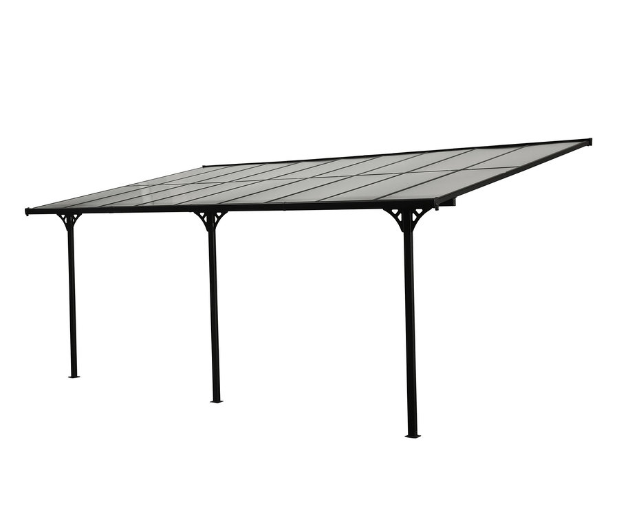 Anthrazitfarbene Terrassenüberdachung, Breite ca. 556 cm.