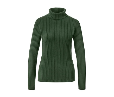 Grüner gerippter Rollkragenpullover.