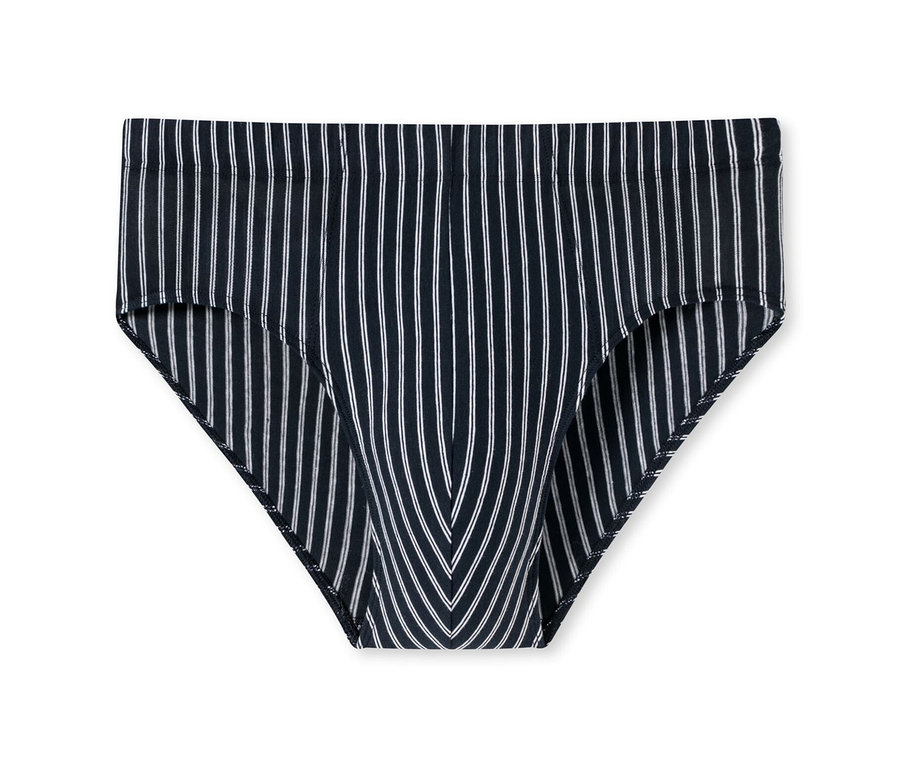 Dunkelblaue SCHIESSER Supermini mit Bio-Baumwolle mit weißen Streifen auf weißem Hintergrund.