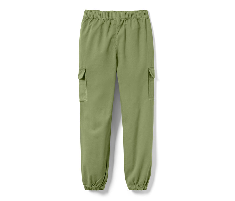 Grüne Kinder-Cargo-Schlupfhose mit elastischem Bund und Taschen.