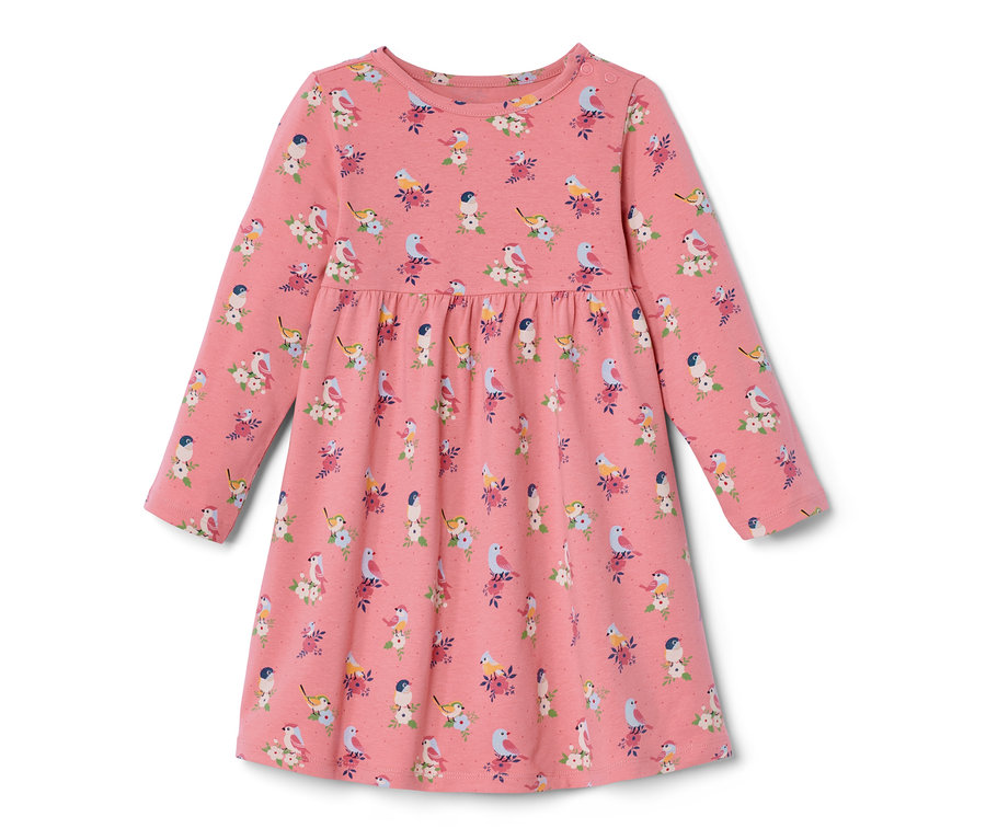 Rosa Kleinkind-Jerseykleid mit Vogel- und Blumenmuster.