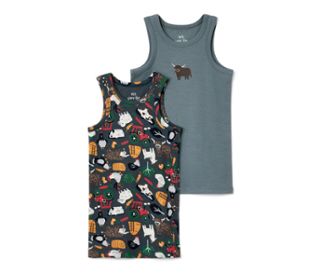 1x schieferblau mit Farm-Alloverprint, 1x rauchblau mit platziertem Print