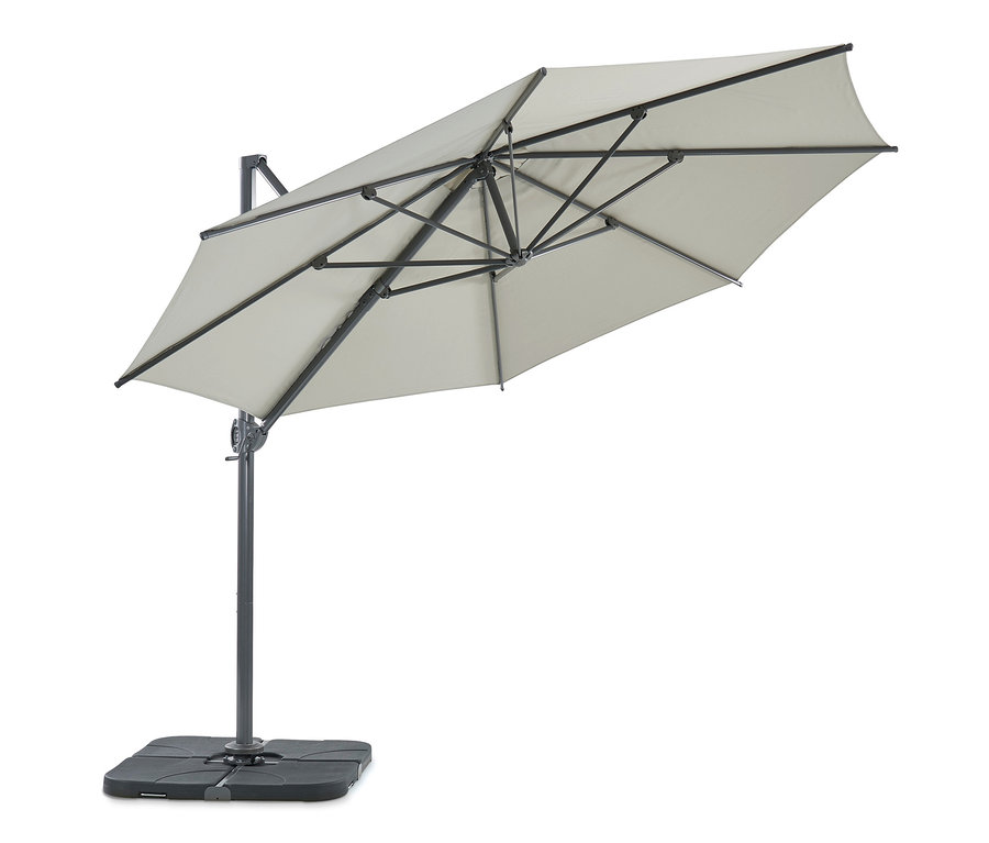 Ein hellgrauer Leco Ampelschirm, Ø ca. 330 cm, mit einem Leco 4er-Plattenset für Stahlkreuzständer.