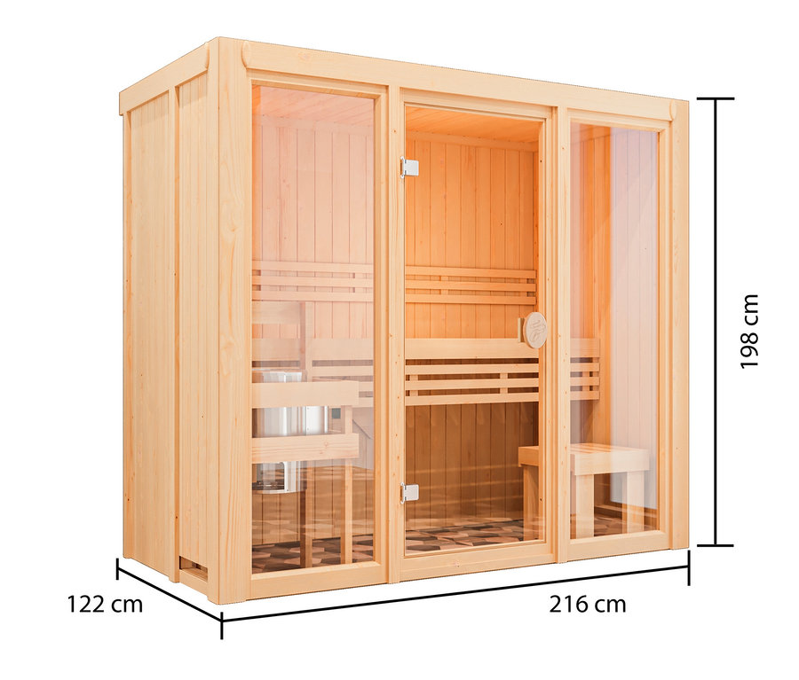 Abbildung der Karibu Sauna Vivi 2 Bio mit den Abmessungen 122 cm x 216 cm x 198 cm.