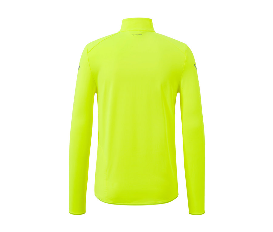 Detailansicht der Rückseite eines neongelben Thermo-Funktionsshirts.