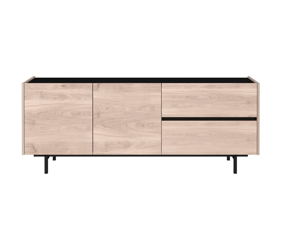Lowboard »Cantoria« mit zwei Schränken und einer Schublade, helle Holzoptik und schwarzen Füßen.