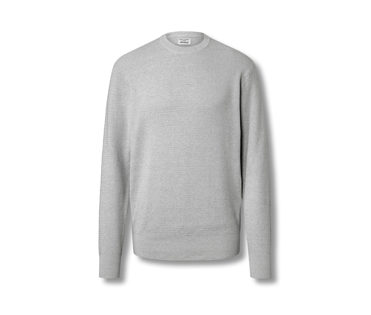 Grauer Pullover mit Rundhalsausschnitt.