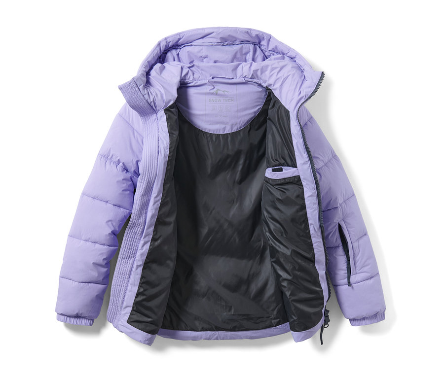 Offene lila Ski-Steppjacke mit schwarzem Futter.