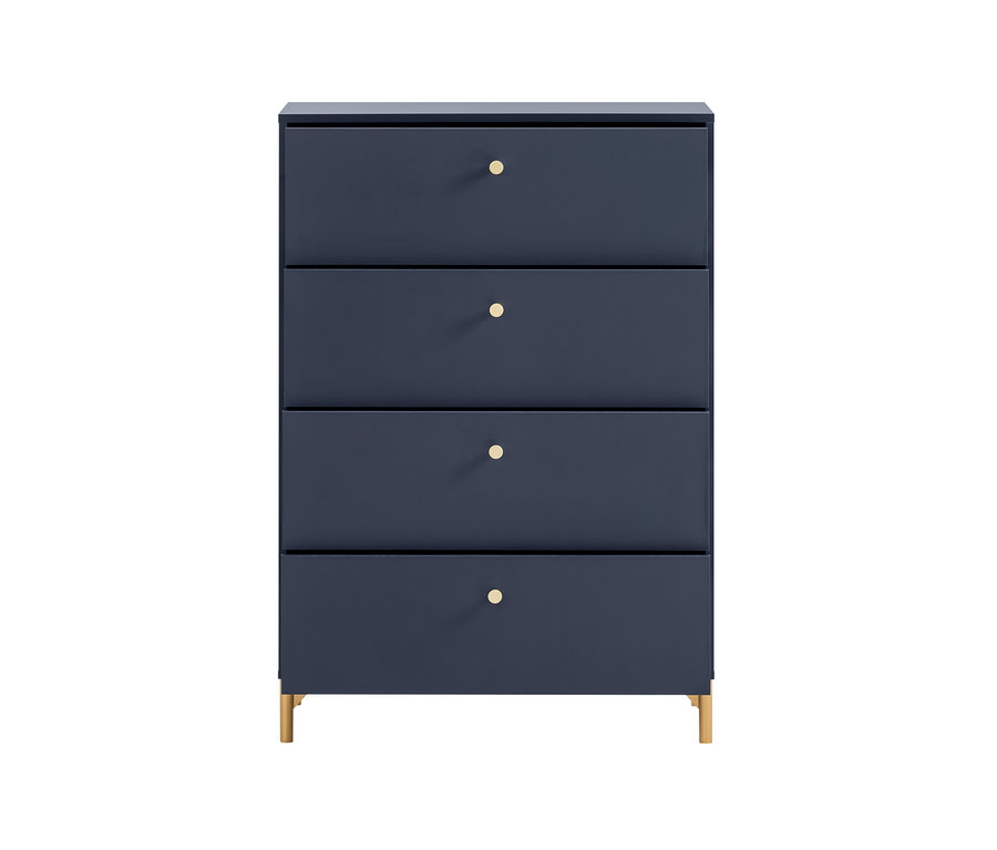 Eine blaue Kommode "Alfa" mit vier Schubladen und goldenen Griffen.