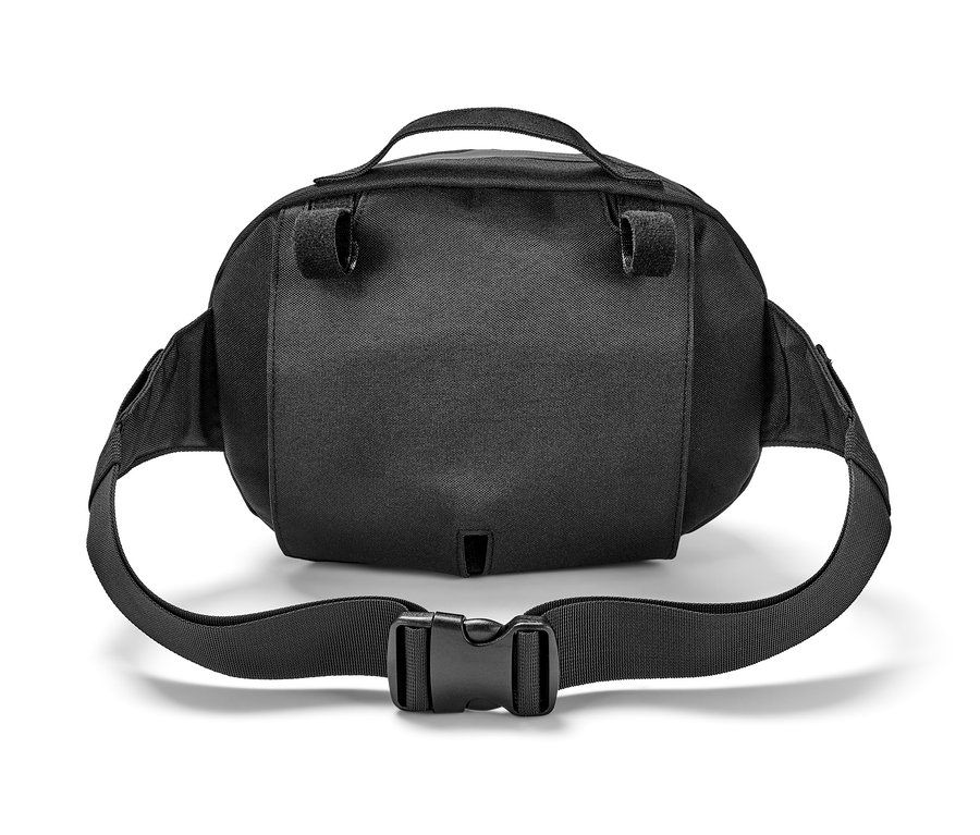 Schwarze 2-in-1-Lenkertasche mit Schnallenverschluss.