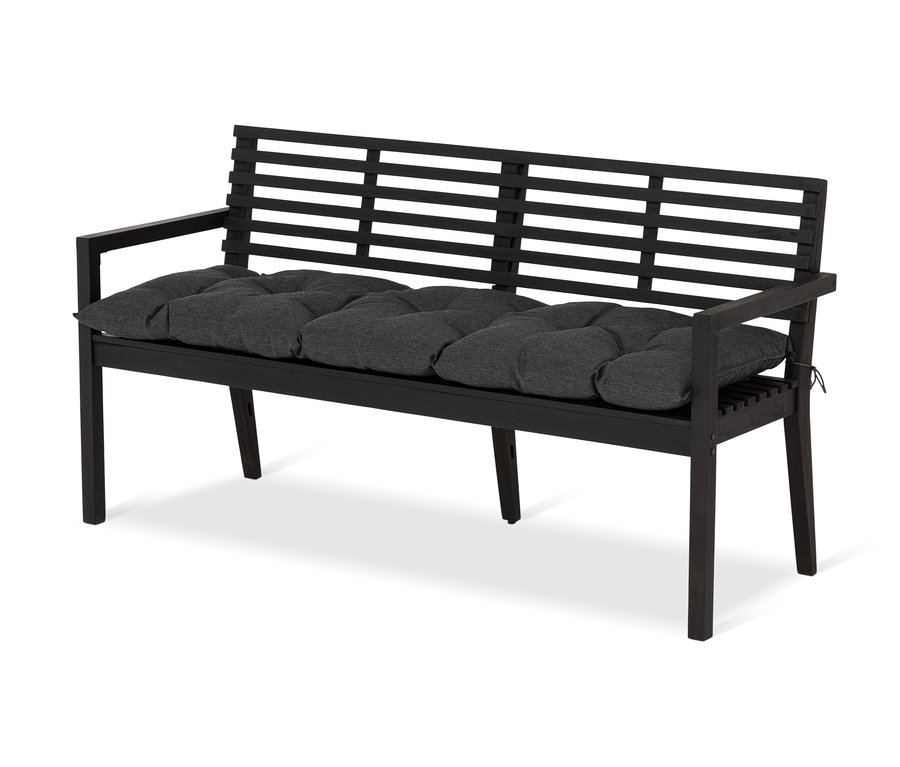Eine schwarze Gartenbank mit einer grauen Gartenbank-Auflage von ca. 160 x 50 cm.