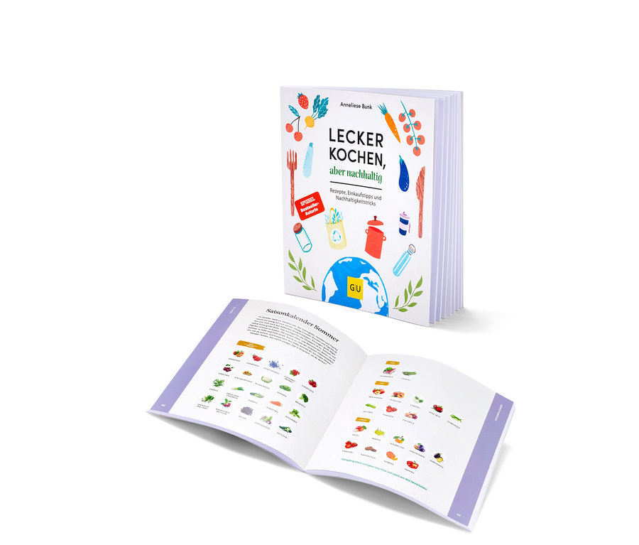 Zwei aufgeschlagene Kochbücher "Lecker kochen, aber nachhaltig" zeigen Illustrationen und Text.