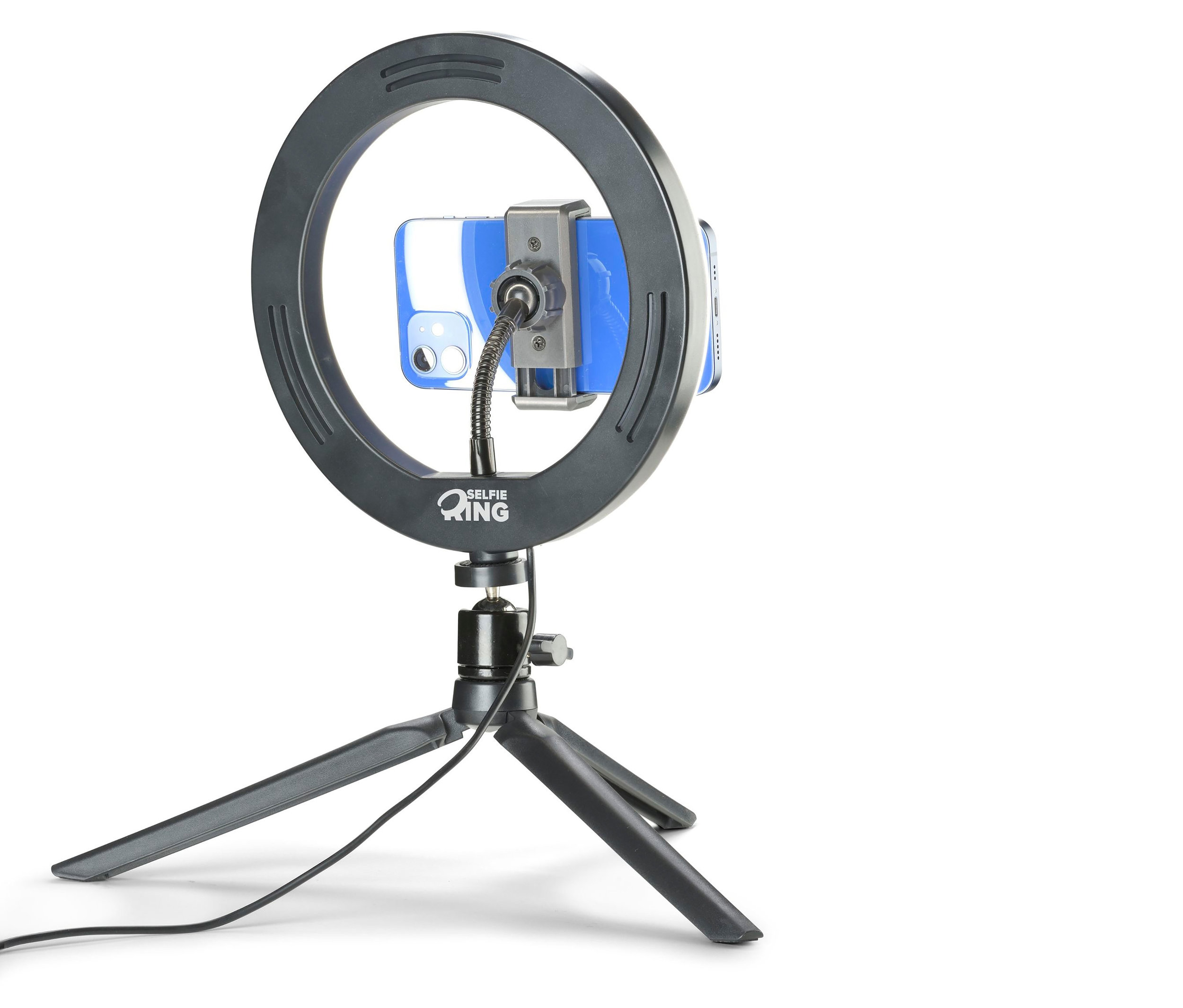 Schwarzes Selfie-Tischlicht mit Handy in der Mitte auf einem Stativ.