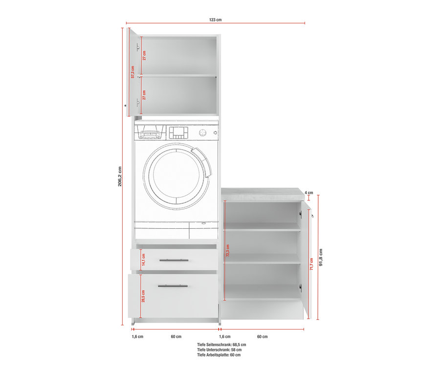 Eine schematische Darstellung einer Waschmaschine, die sich neben einem Waschmaschinenschrank mit Unterschrank, links, kieselgrau, mit offenem Hängeschrank und Schubladen befindet.