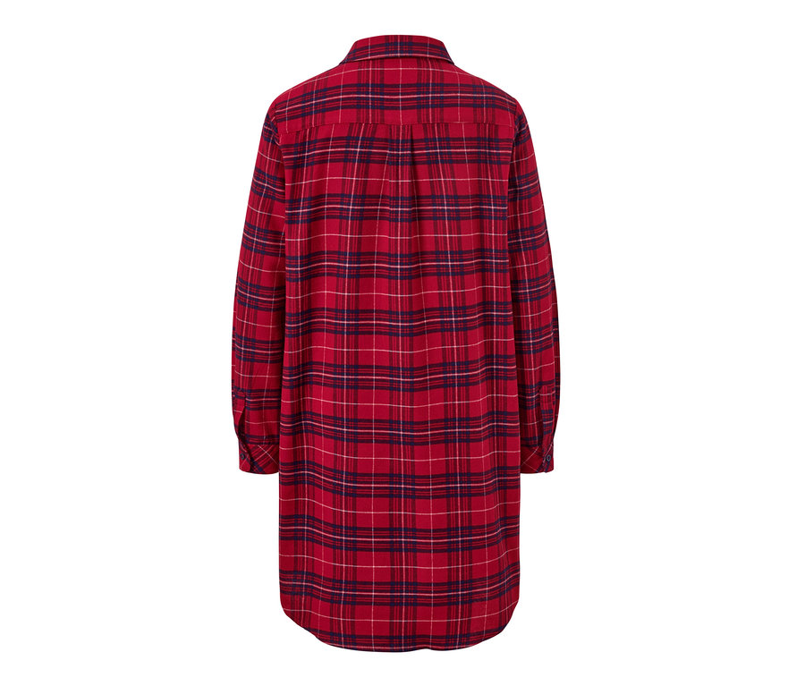 Rückansicht eines rot-blau karierten Flanell-Nachthemds.