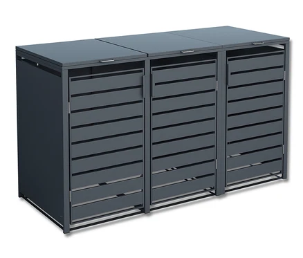 Eine graue Mülltonnenbox aus Stahl für 3 Tonnen.