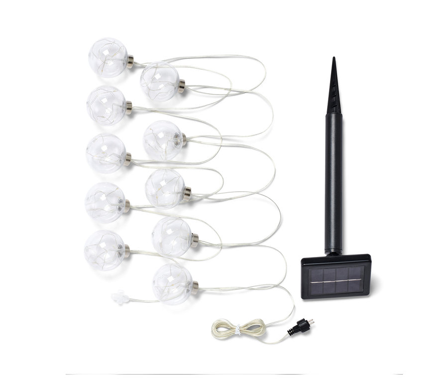 Solar-Lichterkette mit runden Glühbirnen und Solarpanel.