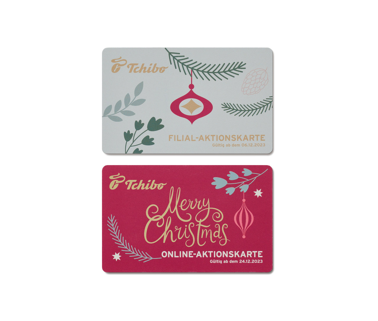 Zwei Tchibo-Karten mit Weihnachtsmotiven.