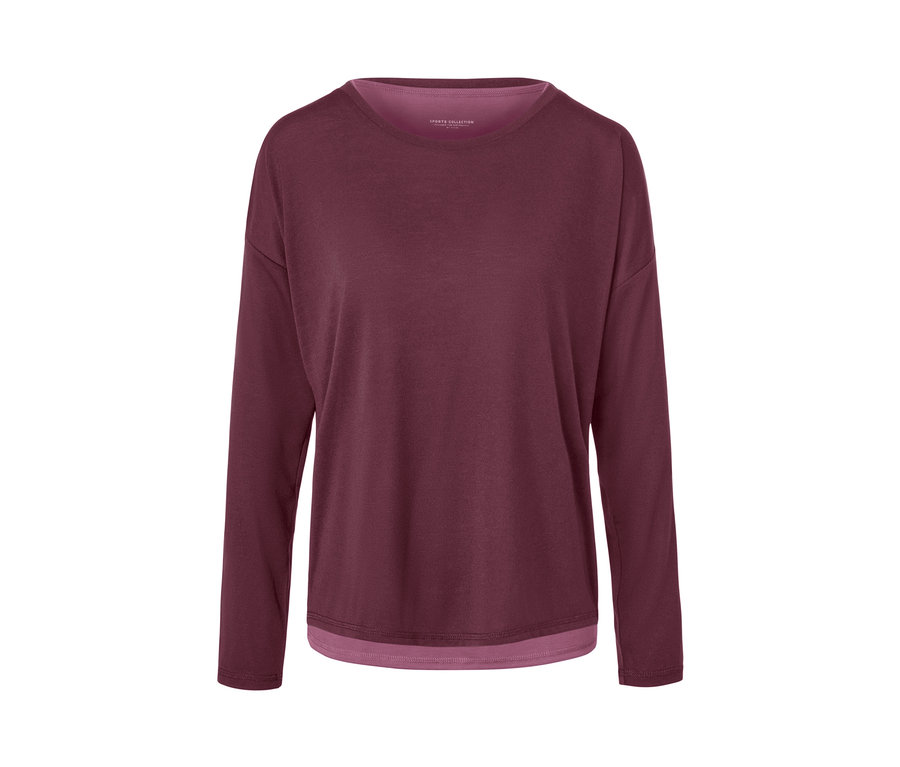 Pflaumenfarbenes 2-in-1-Sportshirt mit langen Ärmeln.