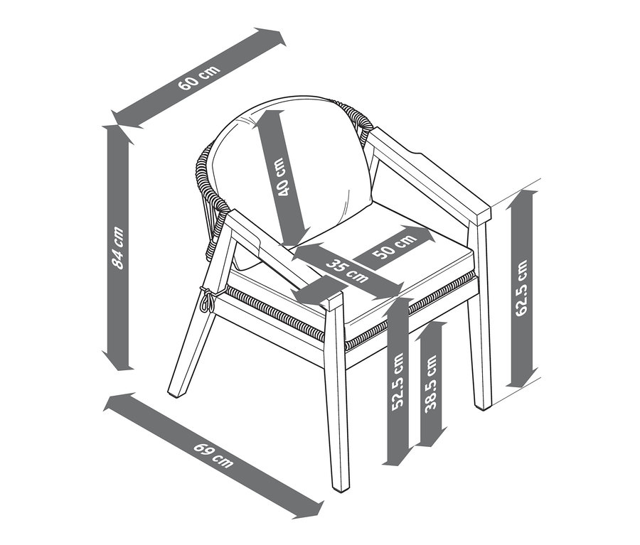 Abbildung eines Dining-Sessels mit runder Rückenlehne und Textilgeflecht und Design-Dining-Stuhls mit Maßangaben.