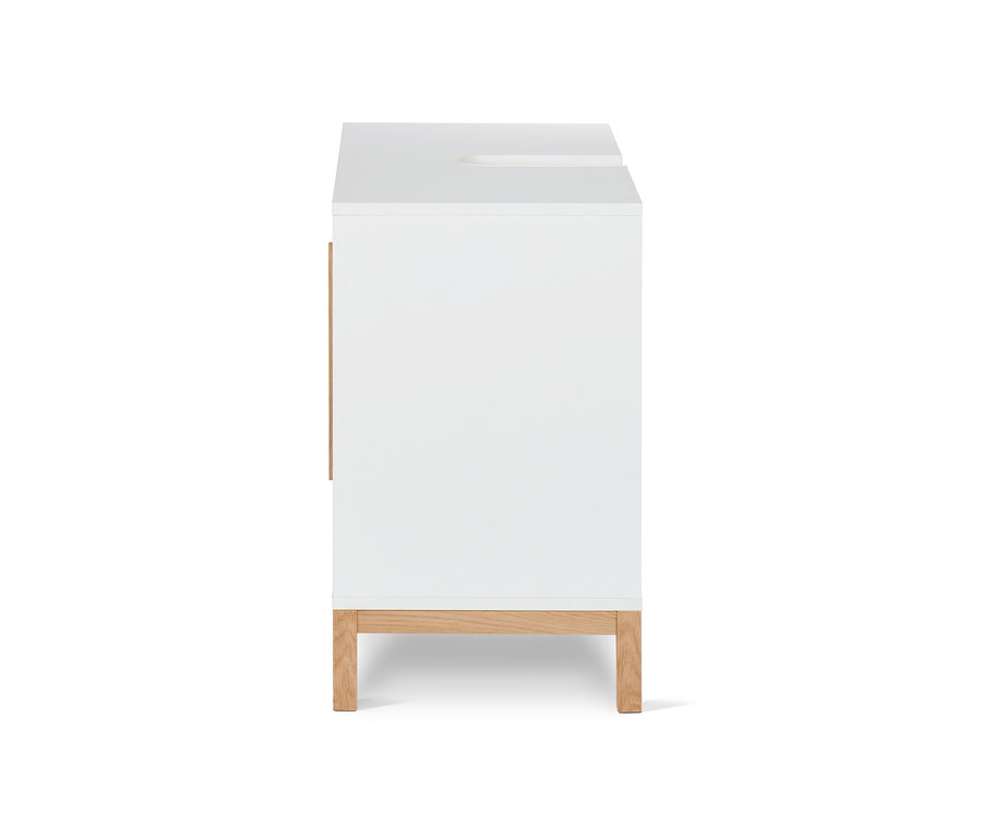 Seitenansicht des weißen Waschbeckenunterschranks »Eklund« mit 2 Schiebetüren.