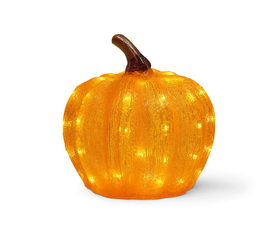Ein orangefarbener LED-Kürbis für drinnen und draußen, ca. 25 cm, auf weißem Hintergrund.