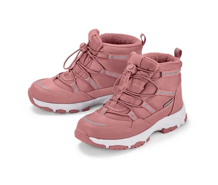 Zwei rosa Kinder-Thermostiefel mit weißen Sohlen.