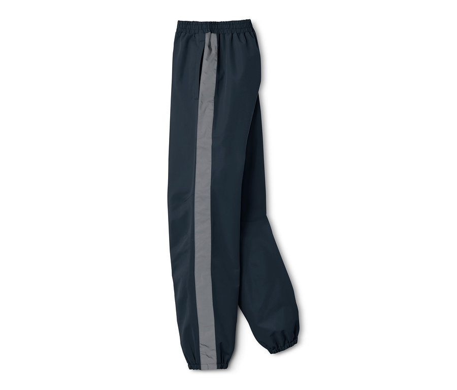 Dunkelblaue Kinder-Regenhose mit reflektierendem Streifen an der Seite.