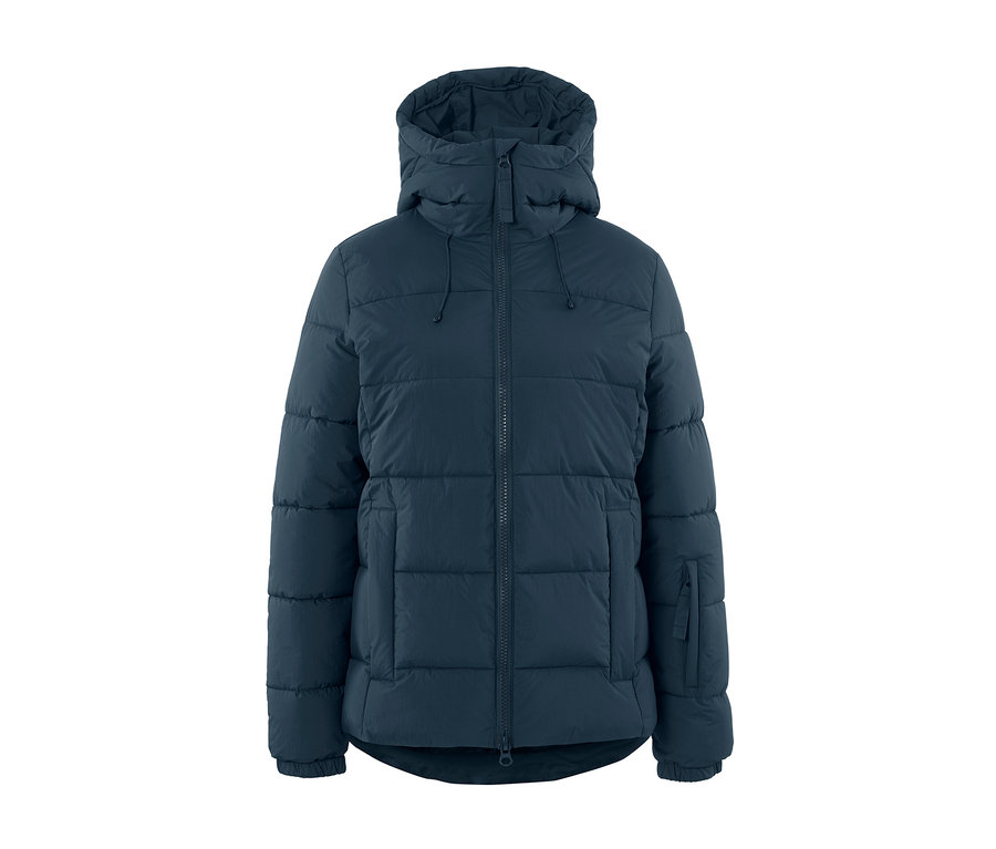 Dunkelblaue Ski-Steppjacke mit Kapuze.