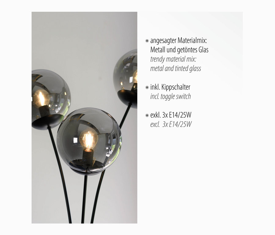 Drei getönte Glasschirme auf einer schwarzen Metall JUST LIGHT Stehleuchte Big Widow.