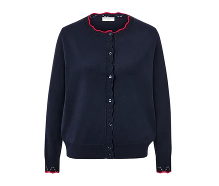 Marineblauer Feinstrick-Cardigan mit roter Wellenkante.
