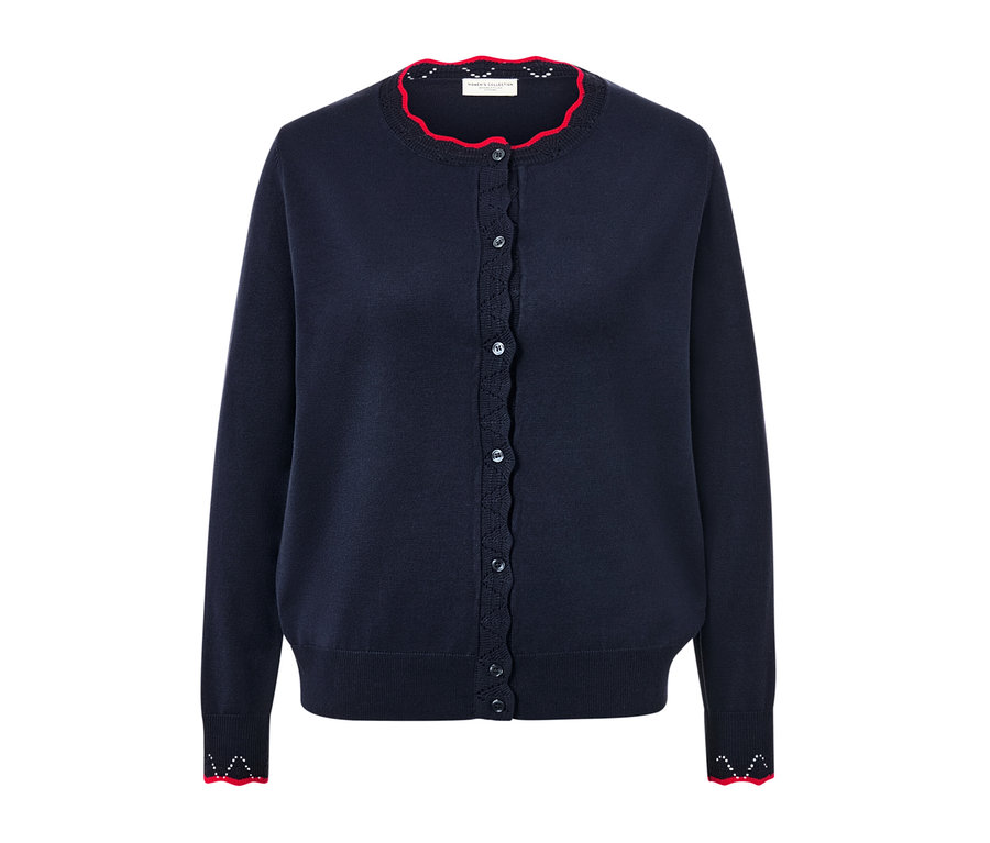 Marineblauer Feinstrick-Cardigan mit roter Wellenkante.