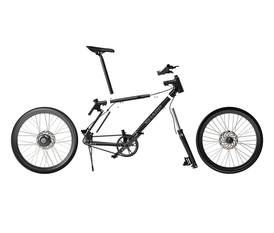 Explosionsdarstellung eines schwarzen SHARP Hybrid E-Bikes auf weißem Hintergrund.