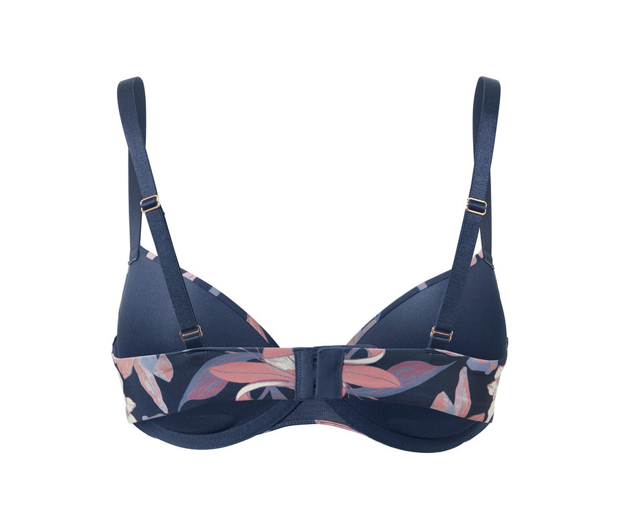 Rückansicht eines blauen Push-up-BHs mit Blumenmuster.